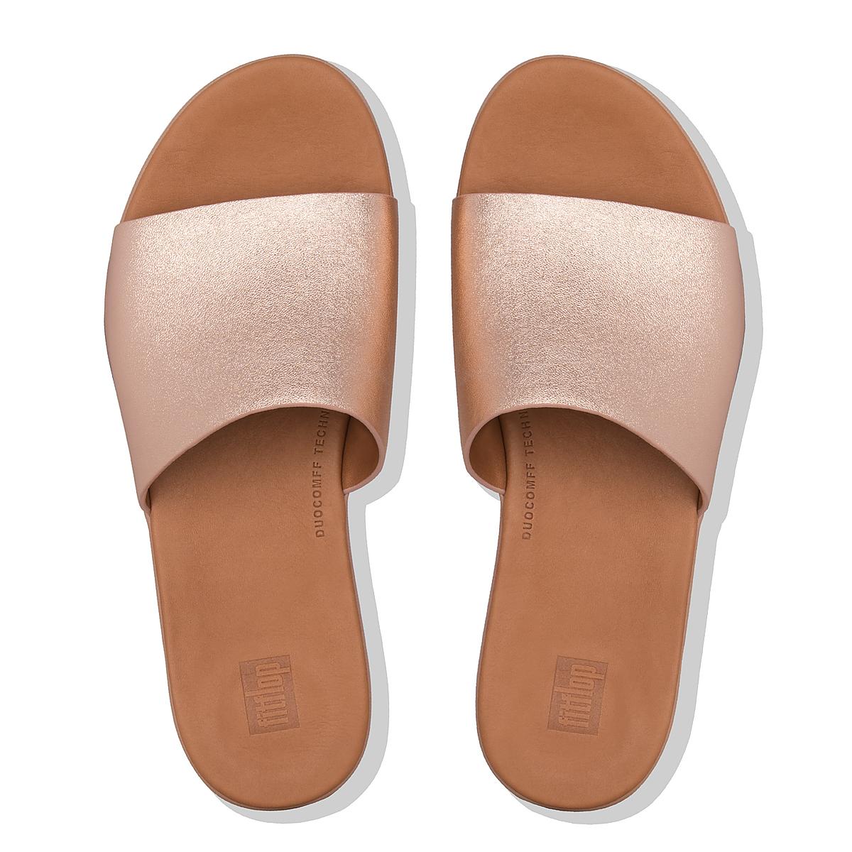 Women's Fitflop SOLA Leather Slides Sandals Rose Gold | Ireland-64783