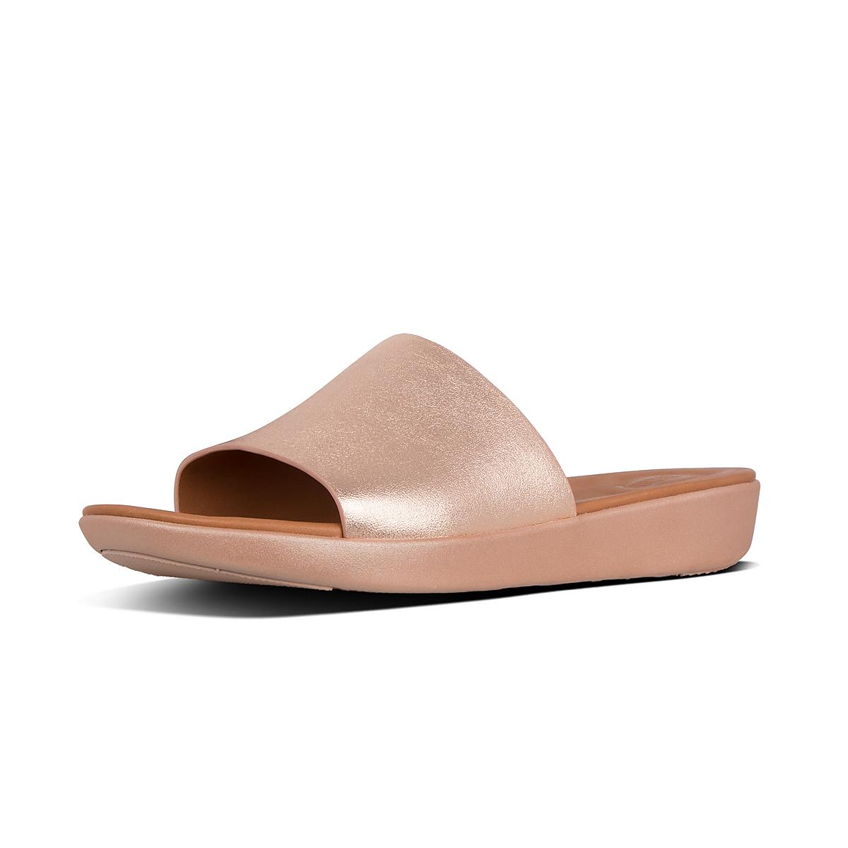 Women's Fitflop SOLA Leather Slides Sandals Rose Gold | Ireland-64783