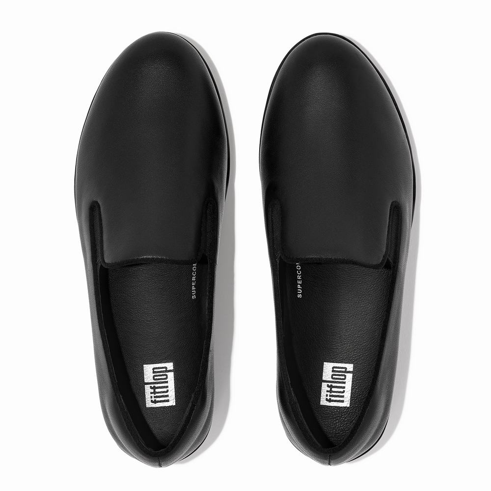 Women's Fitflop SUPERSKATE Leather Loafers Black | Ireland-63759