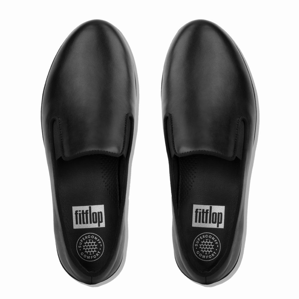 Women's Fitflop SUPERSKATE Leather Loafers Black | Ireland-63759