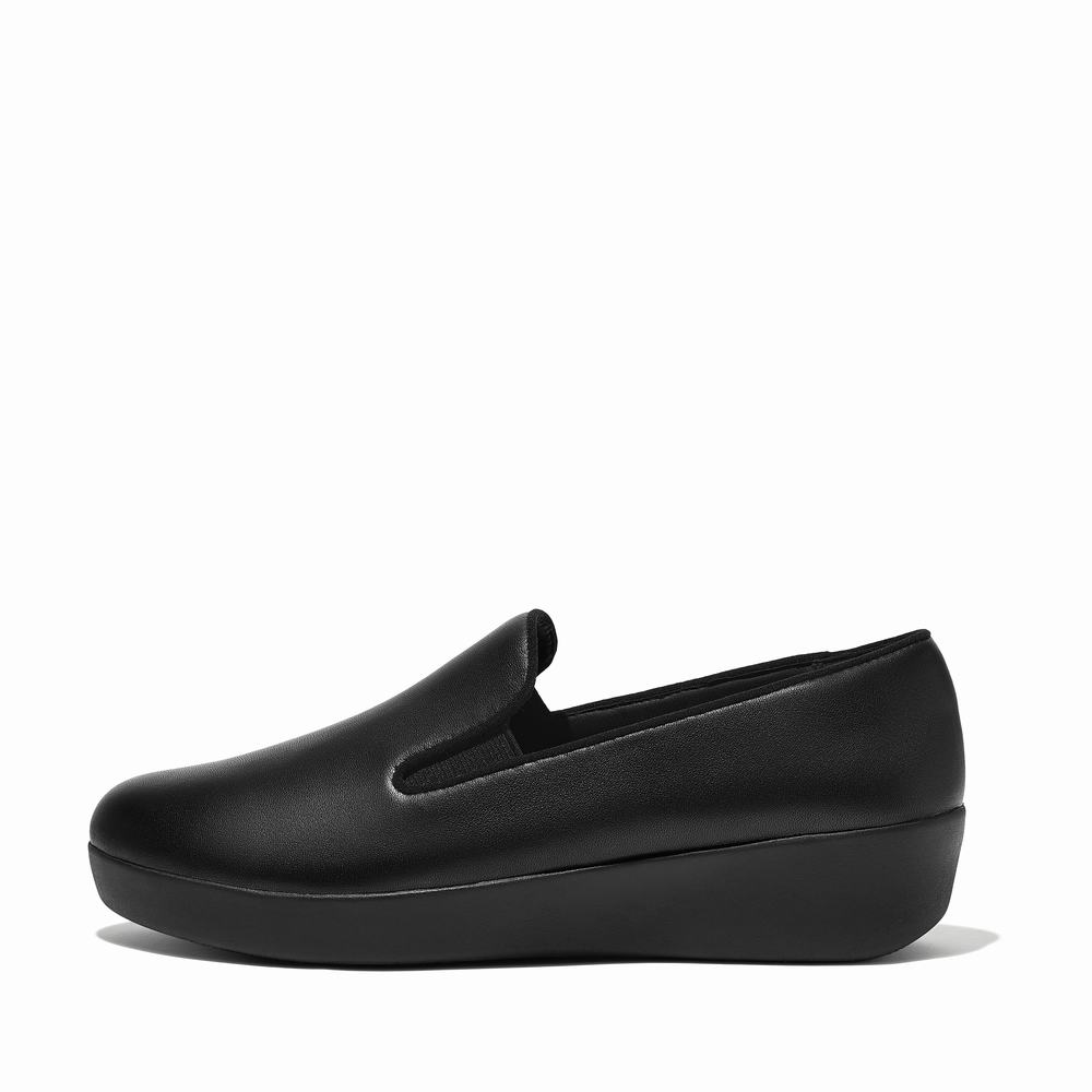 Women\'s Fitflop SUPERSKATE Leather Loafers Black | Ireland-63759