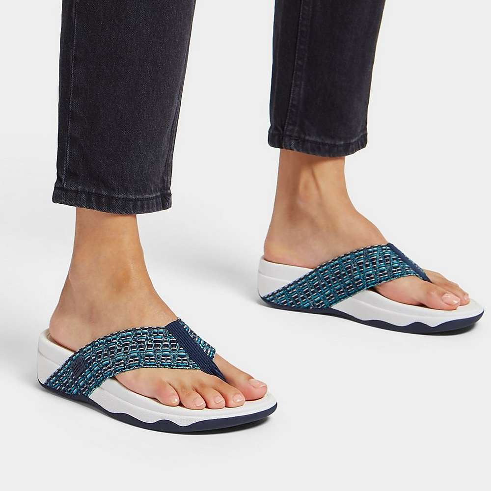 Women's Fitflop SURFA Geo-Webbing Toe-Post Sandals Navy | Ireland-24091