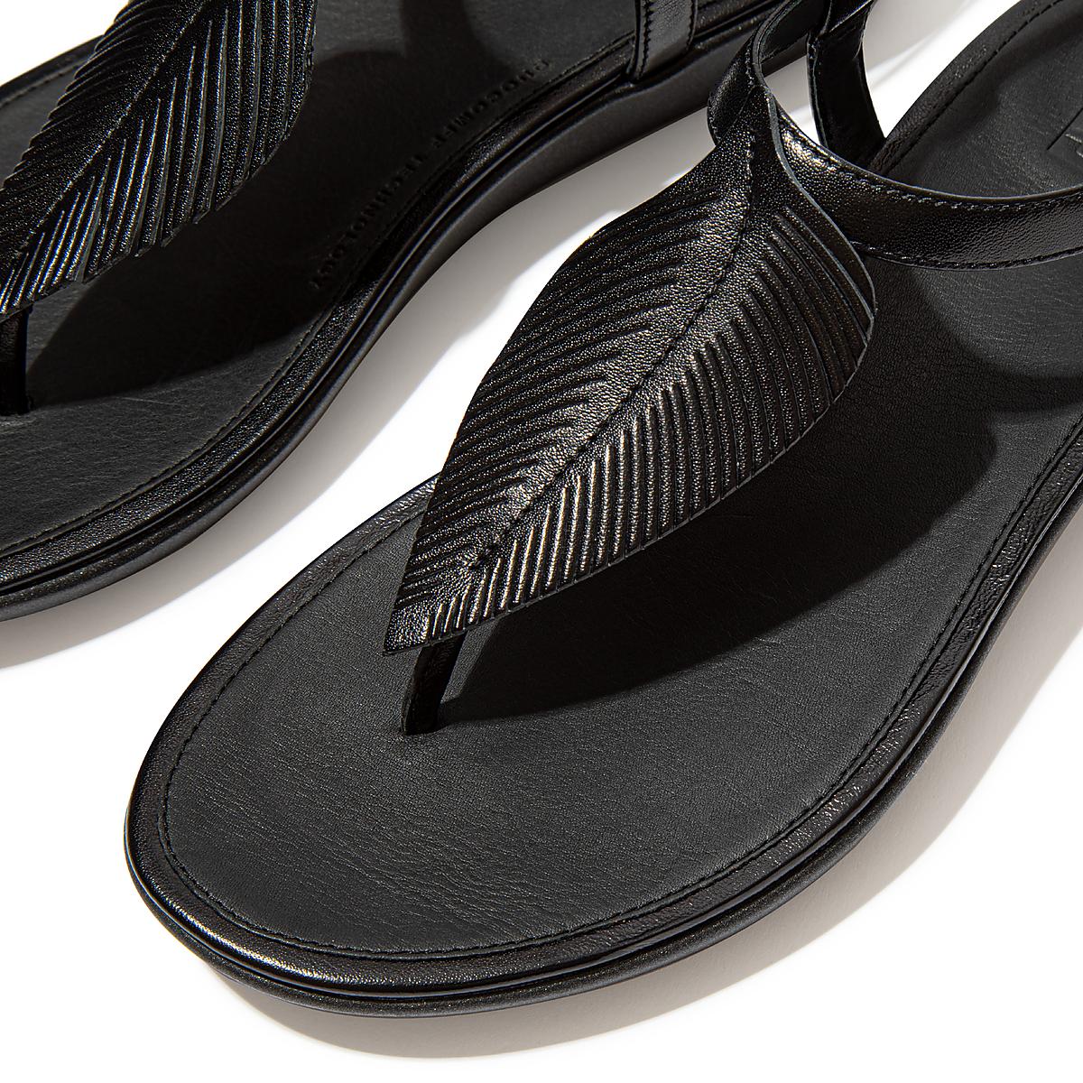 Women's Fitflop TIA Feather Metallic Leather Back-Strap Sandals Black | Ireland-09756