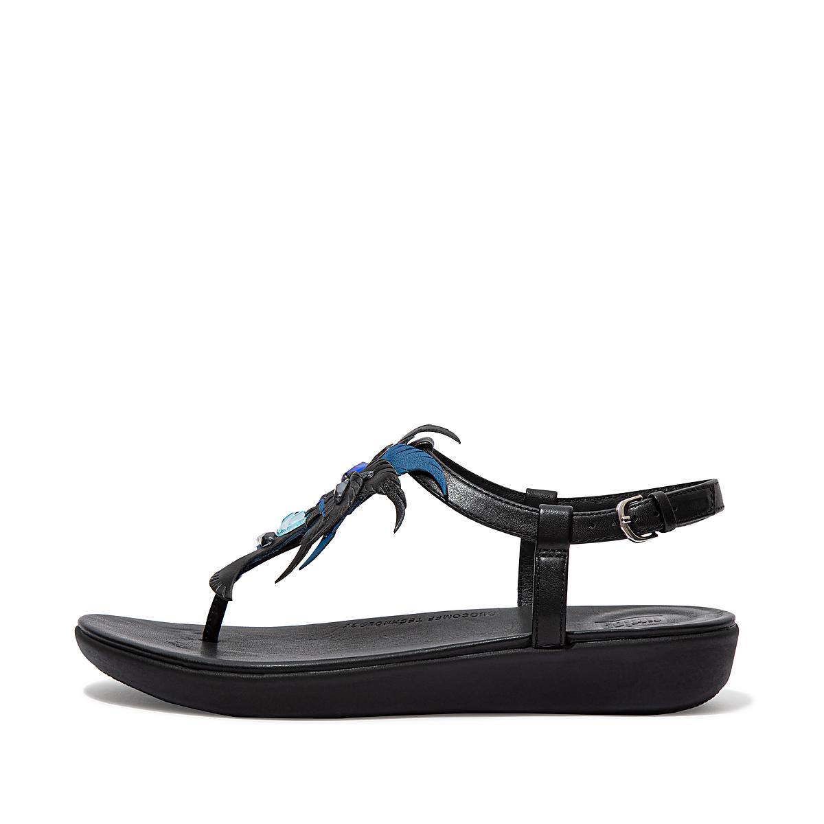 Women\'s Fitflop TIA Jewel Feather Leather Back-Strap Sandals Black | Ireland-61045